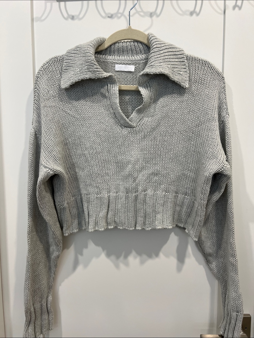 Cropped Rib-Knit Collared Sweater - Light Sage - Picture 5 of 6